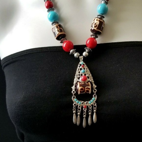 BOHO CHIC STATEMENT NECKLACE WOOD LUCITE EYE BEADS - Picture 4 of 5